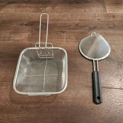 new square stainless steel fry basket & round mesh skimmer ladle, clean and great condition