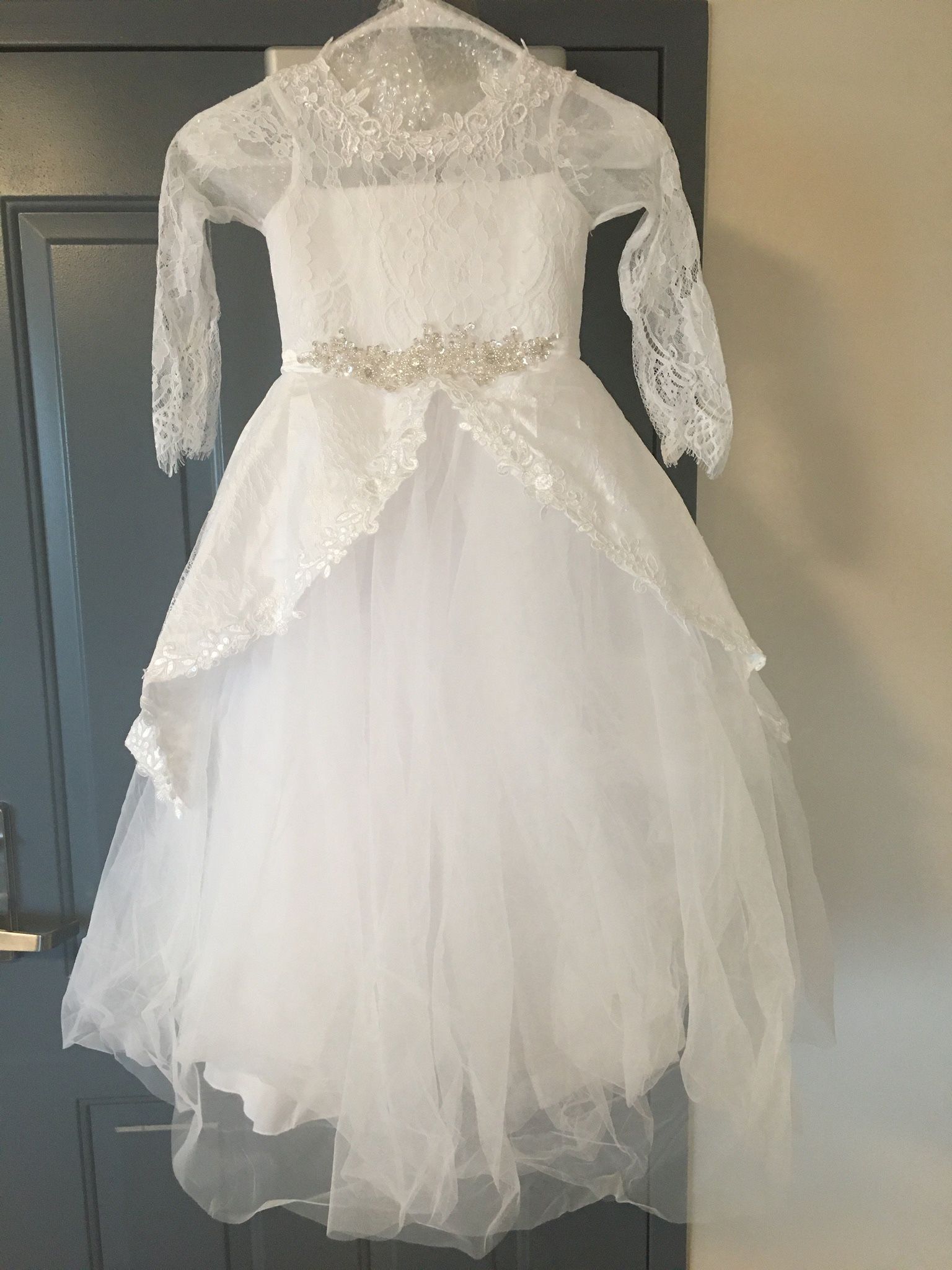 Lace Applique Sequins Tulle Wedding Flower Girl Dress Princess Size 6-7