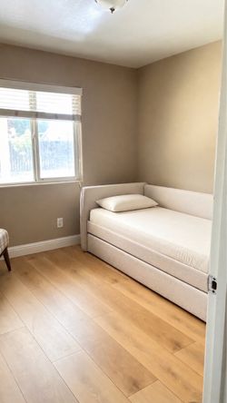 Cream Upholstered Daybed with Trundle + 2 Mattresses