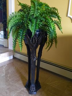 Bronze Plant Stand with Life-like Silk Fern Plant and marble planter inside. Very high quality.
