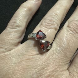 Sterling Silver Size 9, Double Heart Garnet or Ruby