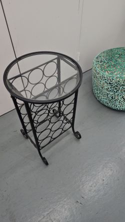 Wrought-Iron Wine Rack Side Table with Round Glass Top