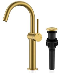 (Brand New in Box)  KENES Brushed Gold Tall Bathroom Faucet, Single Handle Vessel Sink Faucet Single Hole, Modern Bathroom Vanity Faucet with Pop Up D