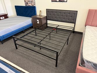 Metal Platform Bed Frame with Upholstered Headboard