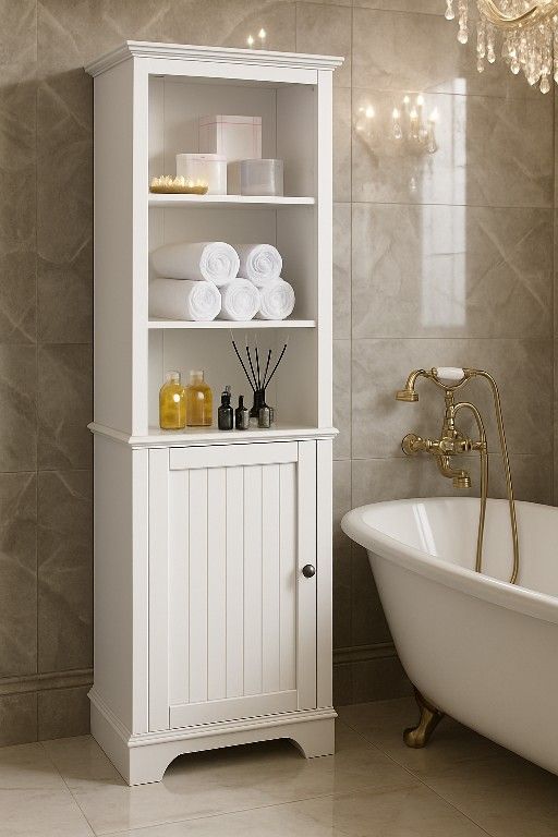 Storage Cabinet with 3 Shelves & Door, Freestanding Linen Cabinet for Bathroom, Living Room, Entrywa