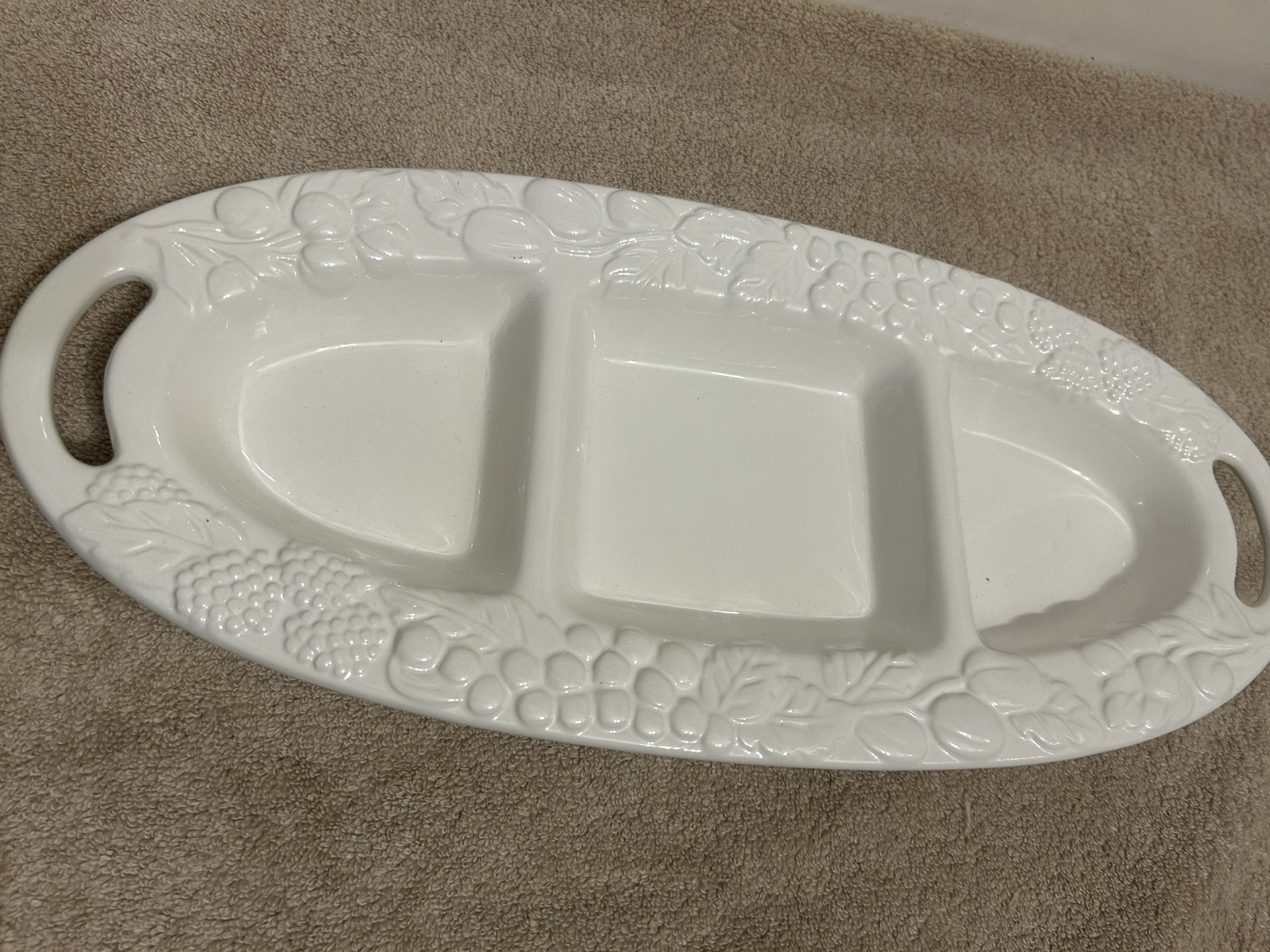 3 Section Serving Platter White Ceramic Measures: 16 1/2” (L), 7” (W), 1 “ Depth