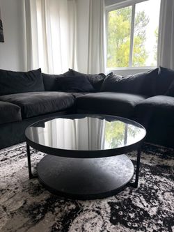 Black round metal + glass coffee table