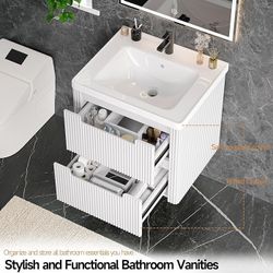 Modern Bathroom Vanity with Sink Combo, Curved Floating Bath Vanity with 2 Drawers, Wall Mount Bathroom Vanities with Integrated Ceramic Sink for Smal