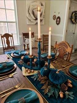 Deep Teal 3-Arm Wood Artisanal Folk-Art Candelabra Pattern Bronze Metal Cups