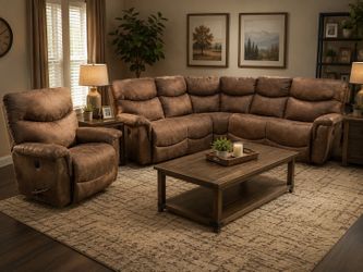 -Z-Boy Reclining Sectional + Matching Recliner - Brown Faux Leather
