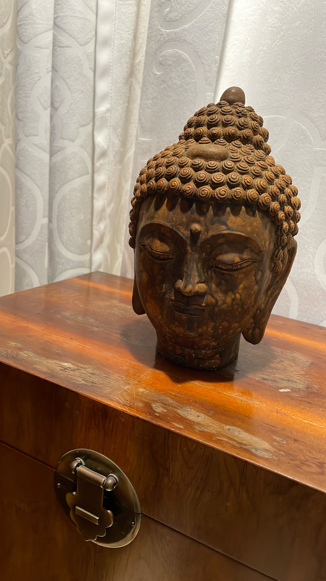 Vintage Buddha head statue 10 inches tall bronze patina finish