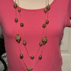 C1946 Necklace Gold Tone Long Layered Two Tier Ball Beads on Fine Chain 
