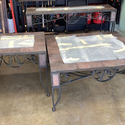 Spanish Rustic Style Wrought Iron And Stone Tables Set Of 3 