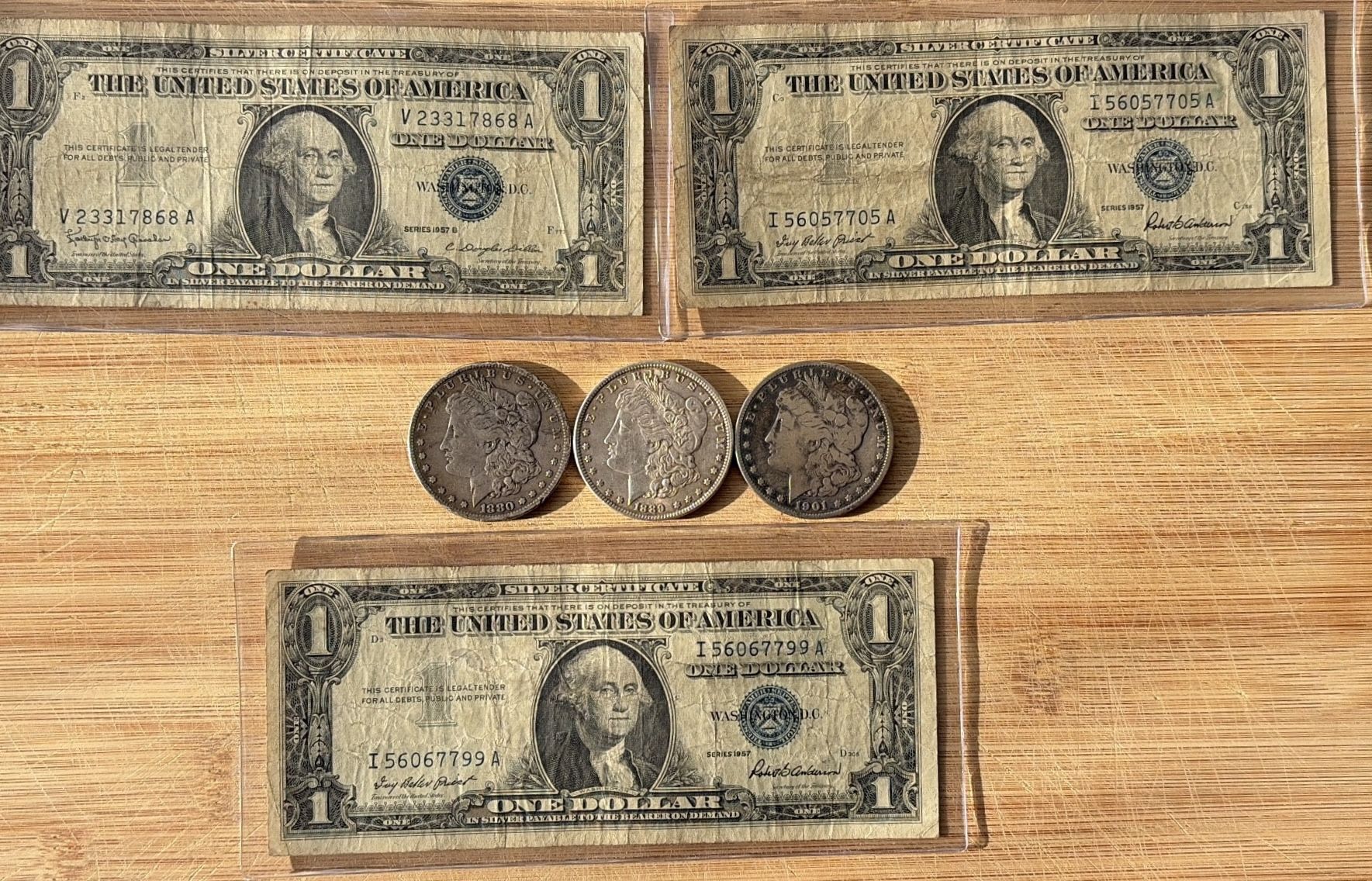 LOT OF 3 MORGAN SILVER DOLLARS & 3- 1957 SILVER CERTIFICATE ONE DOLLAR BILLS!