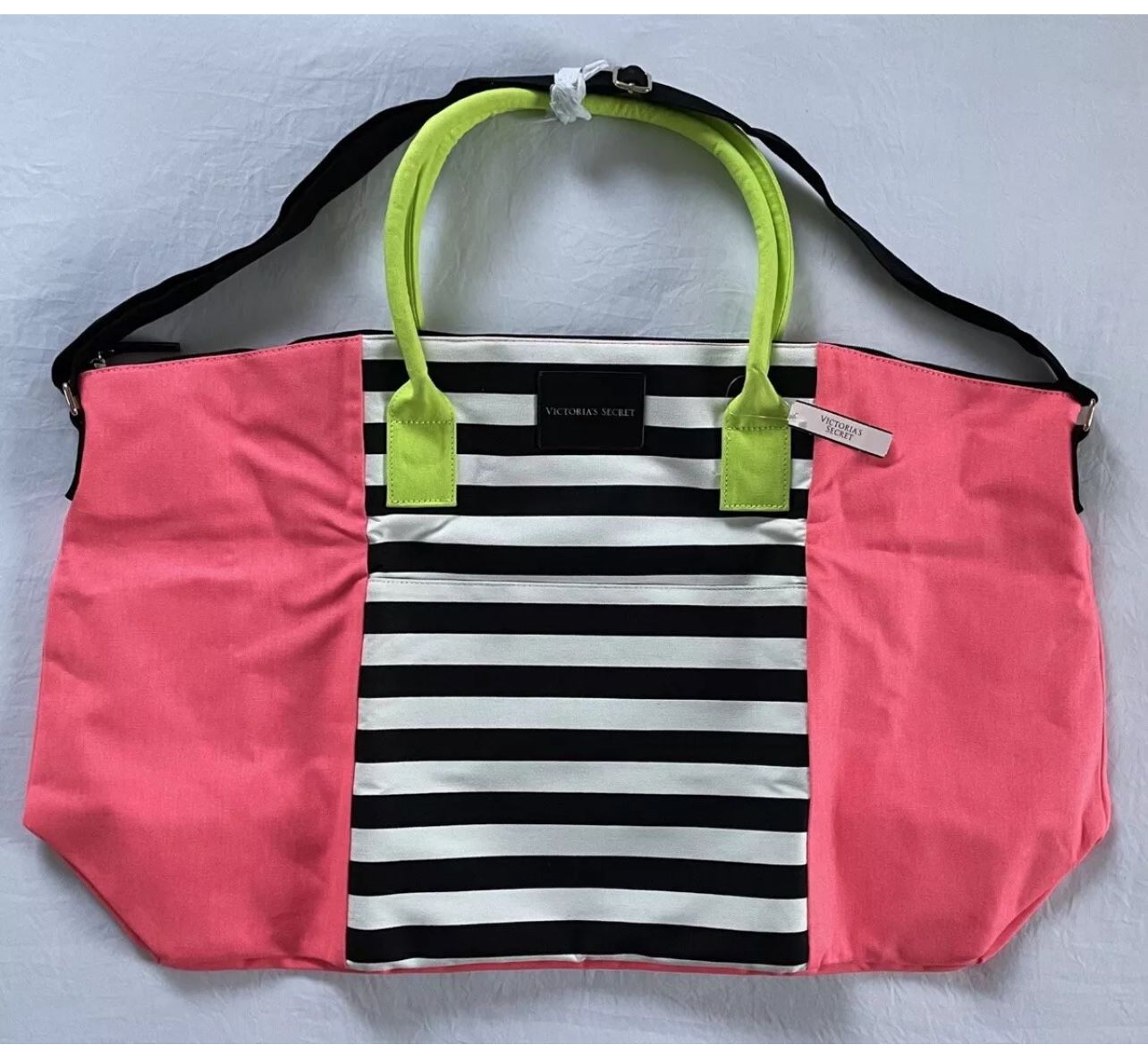 *BRAND NEW* Victoria's Secret Striped Pink, Neon Green, White & Black Tote Bag