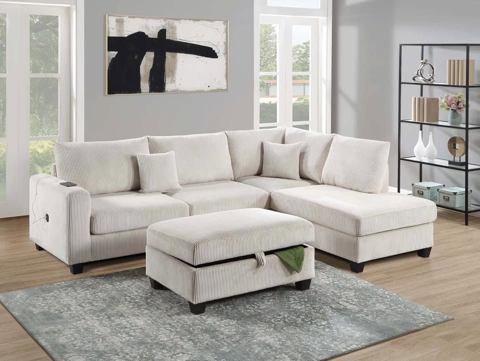 NEW Ivory Beige White Fabric Sectional Sofa and Chaise Set FREE STORAGE OTTOMAN Ashley Style Cream Furniture Warehouse BIG SALE Discount Designer Chic