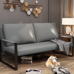 PU Leather Love-seat Sofa, 45" Mini Upholstered Couch Middle Ages Modern Accent Chair with Black Metal Armrest 2 Seater Lounge for Small Spaces (Gray)