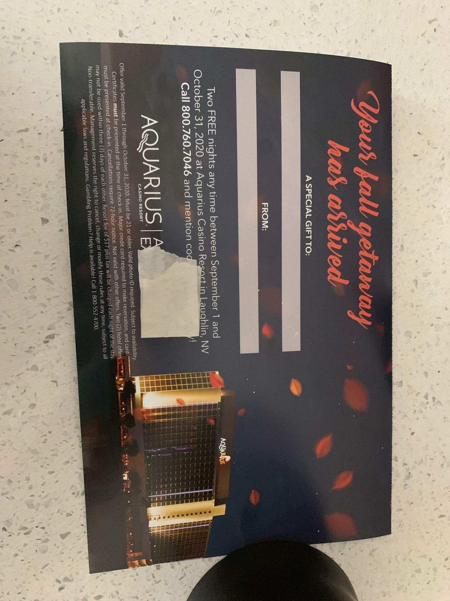 Voucher for two nights at the Aquarius Laughlin Nevada