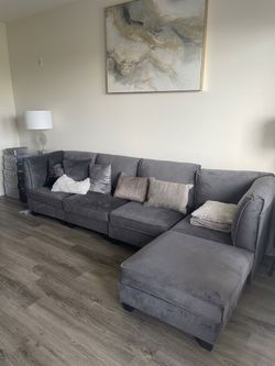 Gray Velvet Sectional Sofa with Chaise