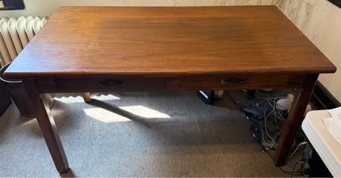 Vintage Walnut Wooden Two-Drawer Teachers Library Desk 60W x 33L x 31H