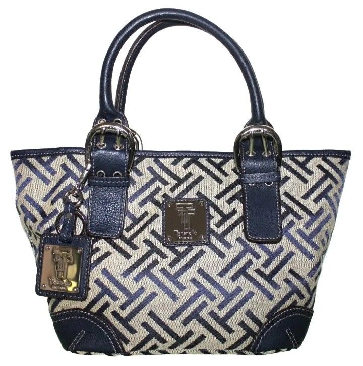 TIGNANELLO Signature Jacquard Leather Navy/Tan Bucket Tote Handbag Satchel