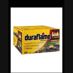 Duraflame 6 big individual wrapped fire logs, indoor outdoor, burns for 3 hours, fast lighting, burns cleaner than wood, 4.5 lbs, $20 per box. 