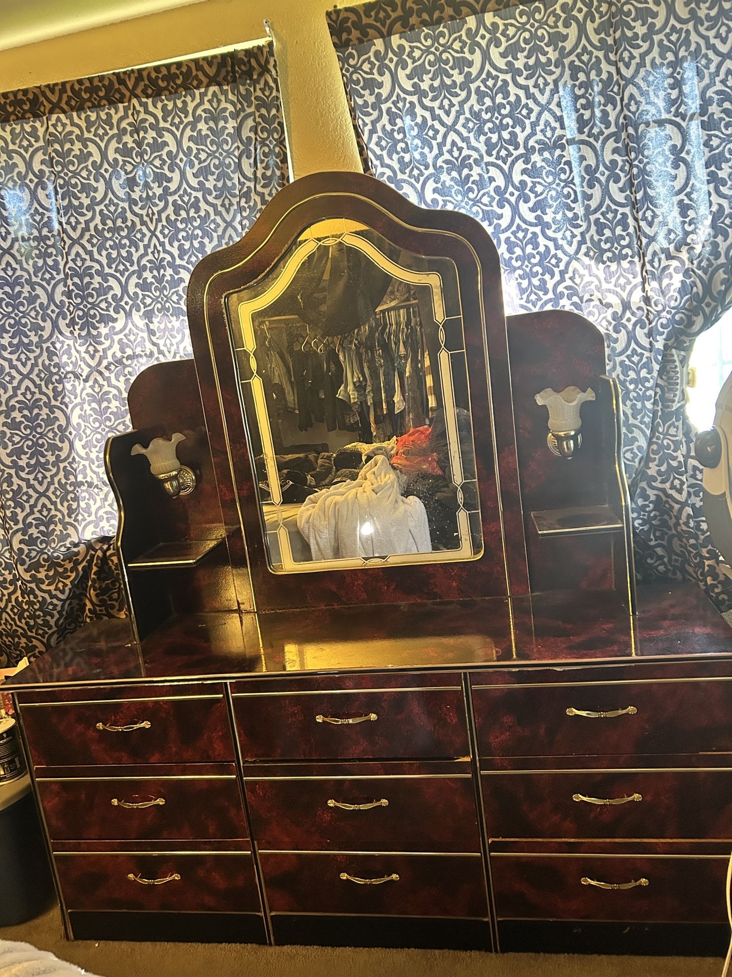 Big Dresser W/mirror & 2tall Nightstands
