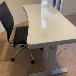 Electric Adjustable Glass Desk + Leather Chair (Like New)