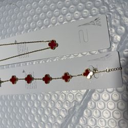 gold & red clover bracelet & necklace set 