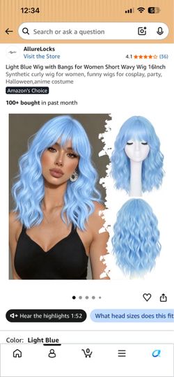 16” Synthetic Light Blue Wavy Wig