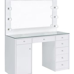 PERCY 7-DRAWER GLASS TOP VANITY DESK WITH LIGHTING WHITE

