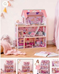• ROBUD Wooden Dollhouse with 24-Pcs Furniture -New! • 3