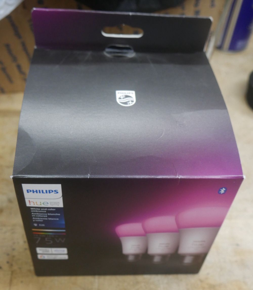 Philips Hue 75-Watt A19 Smart LED Color Changing Light Bulbs (3 Bulbs) **NEW**. open box. box was open for inspection.