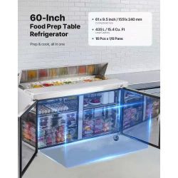 141】 60"W Commercial Refrigerator, 15.4 Cu. Ft Sandwich Prep Refrigerated Table, Mega Top Food Prep Fridge with 16 Pans and Cutting Board, Stainless S