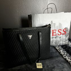 Black Woven GUESS Silvana tote bag