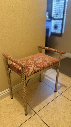 Vintage Hollywood Regency Gold Style Vanity Bench Stool Floral Print 