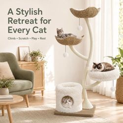 Car Tree House, 63"Tall Cat Tree, Multi-Level Indoor Cat Tower with Scratching Posts, Cozy Condo, Soft Resting Perch & Hanging Toys for Cats, NEW