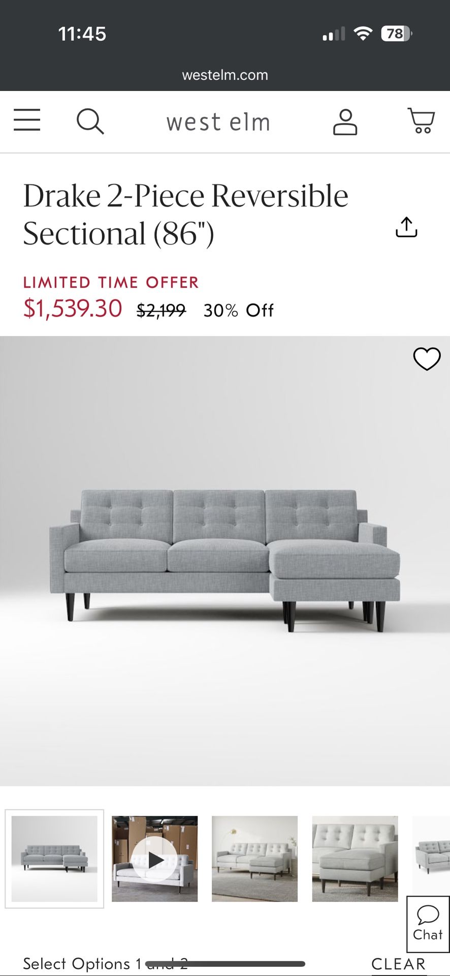 West Elm Couch - Drake Reversible Sectional