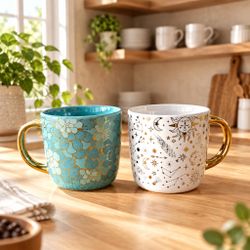 Ceramic Coffee Mugs with Gold Handles – Set of 2
