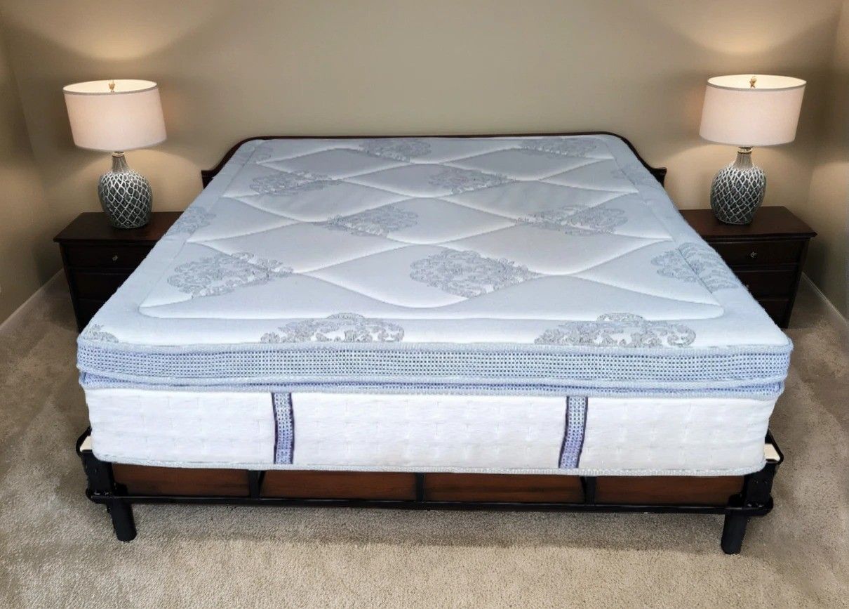 Newer California King 15" Hybrid Gel Spring Pillowtop Mattress and King Platform Bed Frame 