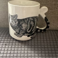 Vintage Japanese Porcelain Black & White Cat Mug with Tail Handle