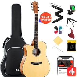 Donner Left Handed Acoustic Guitar Kit for Beginner Adult Full Size Cutaway Lefty Acustica Guitarra Bundle Set with Bag Strap Tuner Capo Pickguard Str