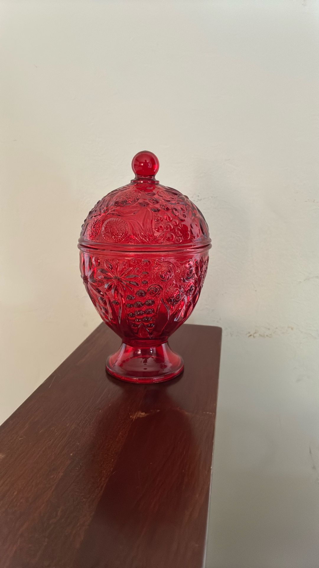 Vintage Avon Ruby Red Embossed Floral Candy Dish with Lid