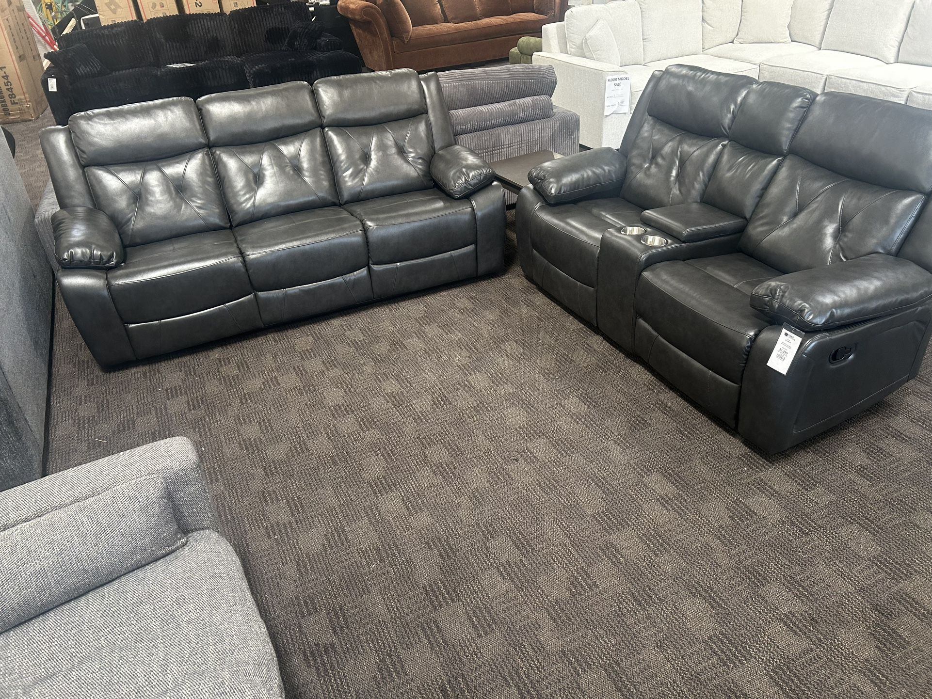 Gray Leather Reclining Sofa Set 