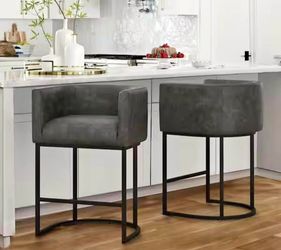 Set of 2, New 26 in. Black Gray Counter Bar Stool Faux Leather Upholstered Barrel Counter Stool