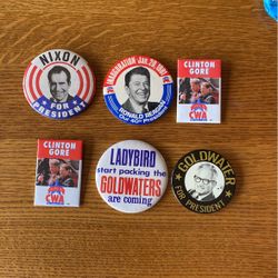 Campaign pins, Nixon, Reagan, Clinton, Goldwater
