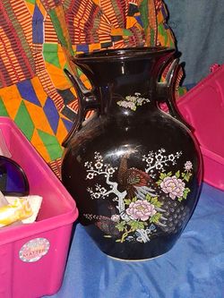 Black Ceramic Vase with Floral Bird Design