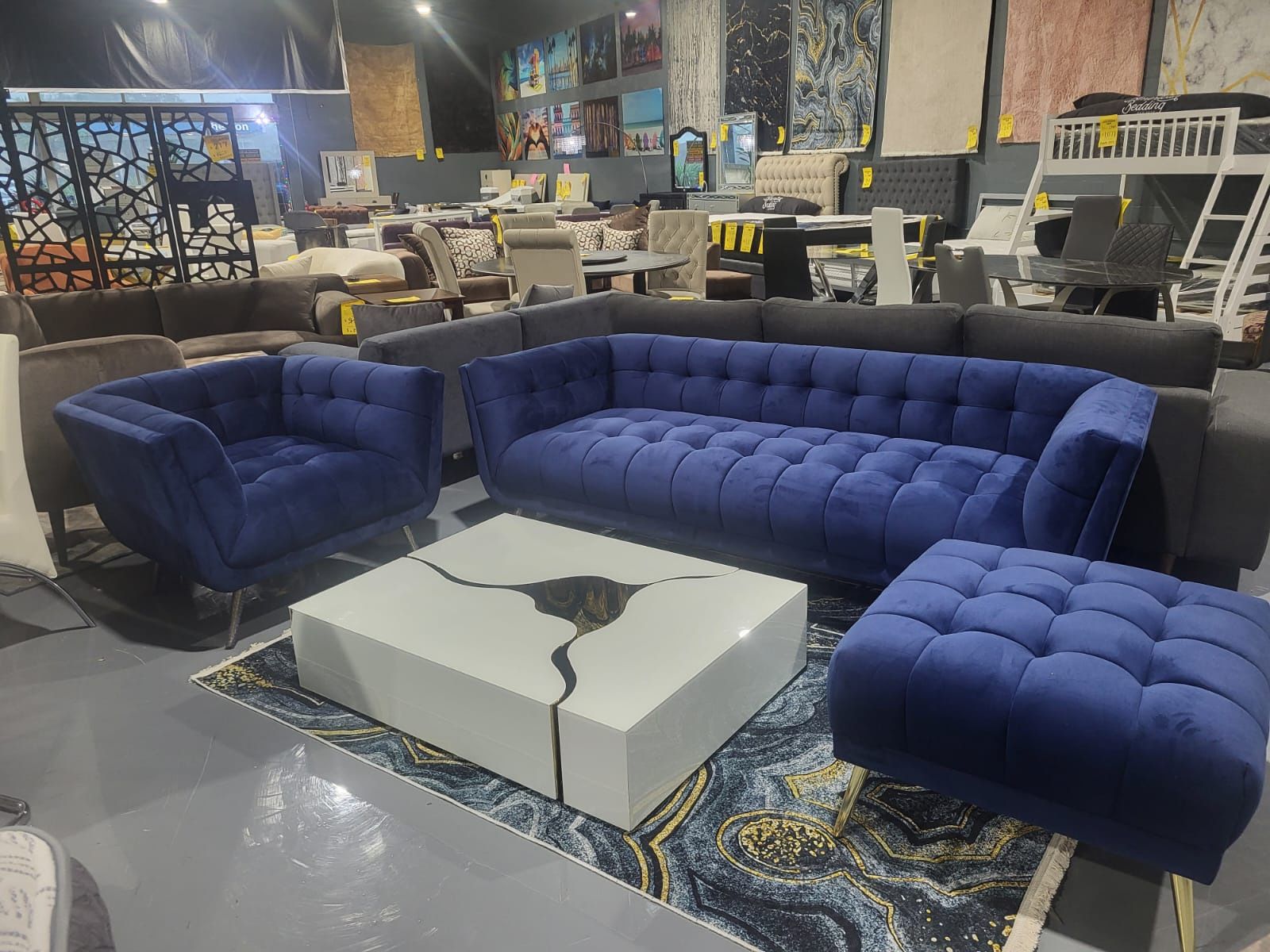 3 PIECE LIVINGROOM SET SOFA ARMCHAIR OTTOMAN BLUE VELVET