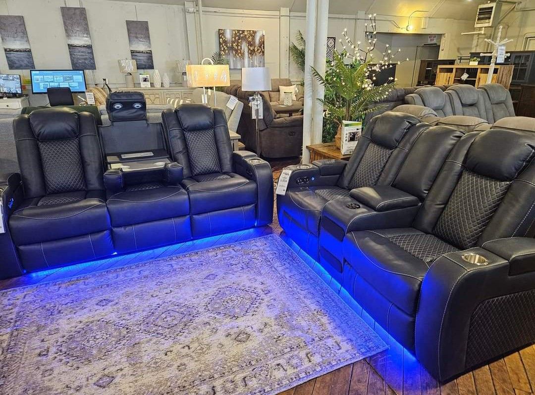 LH π$39 Down Payment For Financing π Ashley Gray Leather Power Reclining Sofa And Loveseat With Bluetooth Speakers
