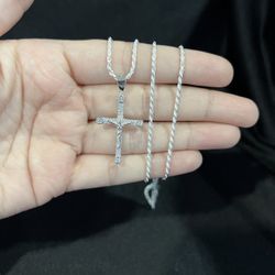 925 Sterling Silver Mens Women Cross Crucifix CZ Pendant Rope Chain